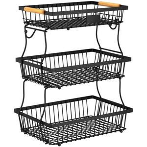 3 Tier Fruit Basket for Kitchen Counter with 2 Banana Hangers, Countertop Metal Fruit Bowl with Wooden Handle, Large Storage Stand for Vegetables, Snacks, Breads, Produce Storage Black