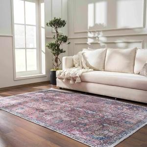 Hauteloom Holli Collection Lara - Machine Washable Oriental Foyer Area Rug - Abstract Vintage Distressed Boho Style - Burgundy, Red, Pink - 5'x7'6"