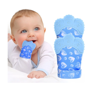 2Pack Silicone Teething Mitt, Soothing Infant Teething Mitten Pain Relief, Prevent Scratches Glove, Safe Silicone Teething Toys for 0-12 Months Blue Heart