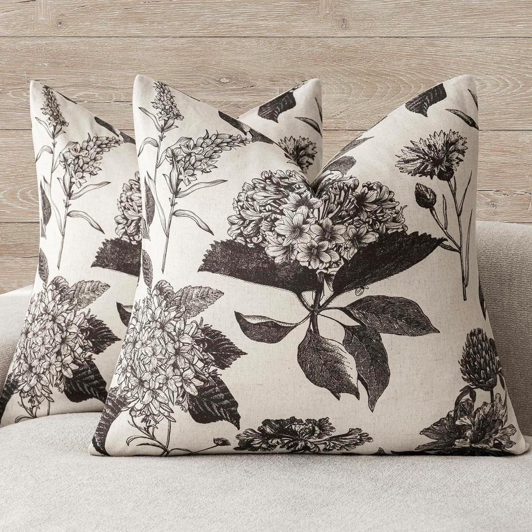 Foindtower Set of 2 Linen Floral Vintage Throw Pillow Covers Neutral Accent Print Decorative Cushion Covers Farmhouse Boho Home Decor for Sofa Chair Couch Bedroom Living Room,2222 Inch,Black
