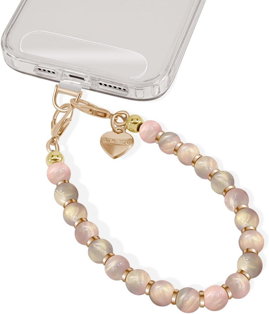 Phone Wrist Strap With Beaded Charms - Detachable Hand Lanyard Bracelet Fashion Accessory for Women Chain Wristlet for Phone Case With Clear Tether Tabs (Pink)