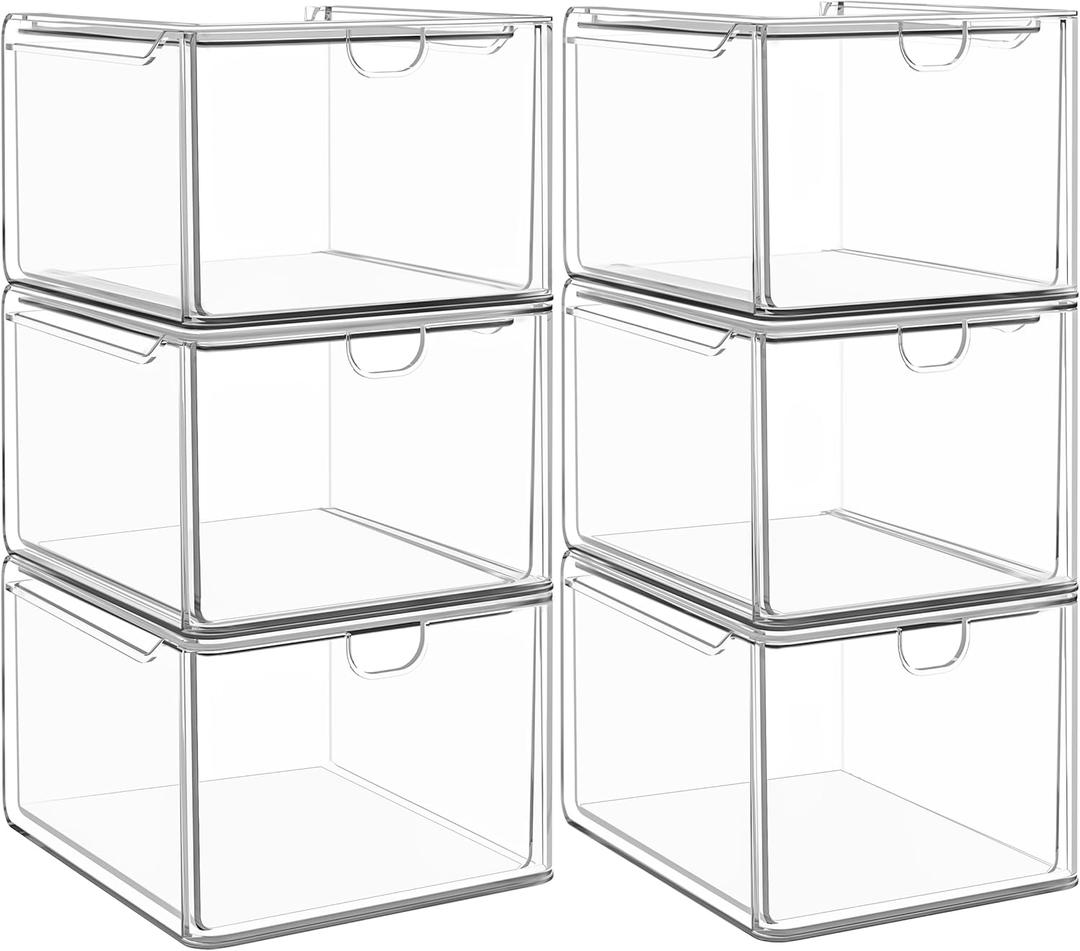 6 Pack Small Stackable Stroage Drawers, Acrylic Bathroom Makeup Organizer, Plastic Storage Bins For Vanity, Undersink, Kitchen Cabinets, Pantry, Home Organization