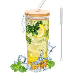 32oz Ribbed Glassware Large Cup, Glass Cups With Lids And Straws, Iced Coffee Cups With Lids, Glasses Drinking Set, Cute Cups, Boba Cup, With Straw Brush, Ideal Gift