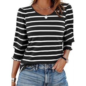 LilyCoco Striped Shirt Women 3/4 Sleeve Boat Neck Casual Tunics Loose Fit T Shirt Black, Large