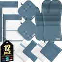 Oven Mitts Kitchen Towels and Dishcloths with Pot Holders Sets, Oven Gloves Hot Pads 500F Heat Resistant with Silicone Grip, Include 2 Cooking Gloves/2 Potholders/4 Kitchen Towels/4 Dish Towels