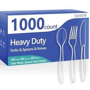 SACATR 1000 Count Plastic Silverware Heavy Duty - 400 Forks, 400 Spoons, 200 Disposable Knives, BPA-Free, Disposable Plastic Cutlery Set, Plasticware Suitable for Party Everyday Use ﻿