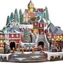 Christmas Village Centerpiece Decor, Tiered Village Town Center, with Rotating Train and Village Buildings, featuring LED Lights, Christmas Music, and Animation - Power Adapter (included) (17045)