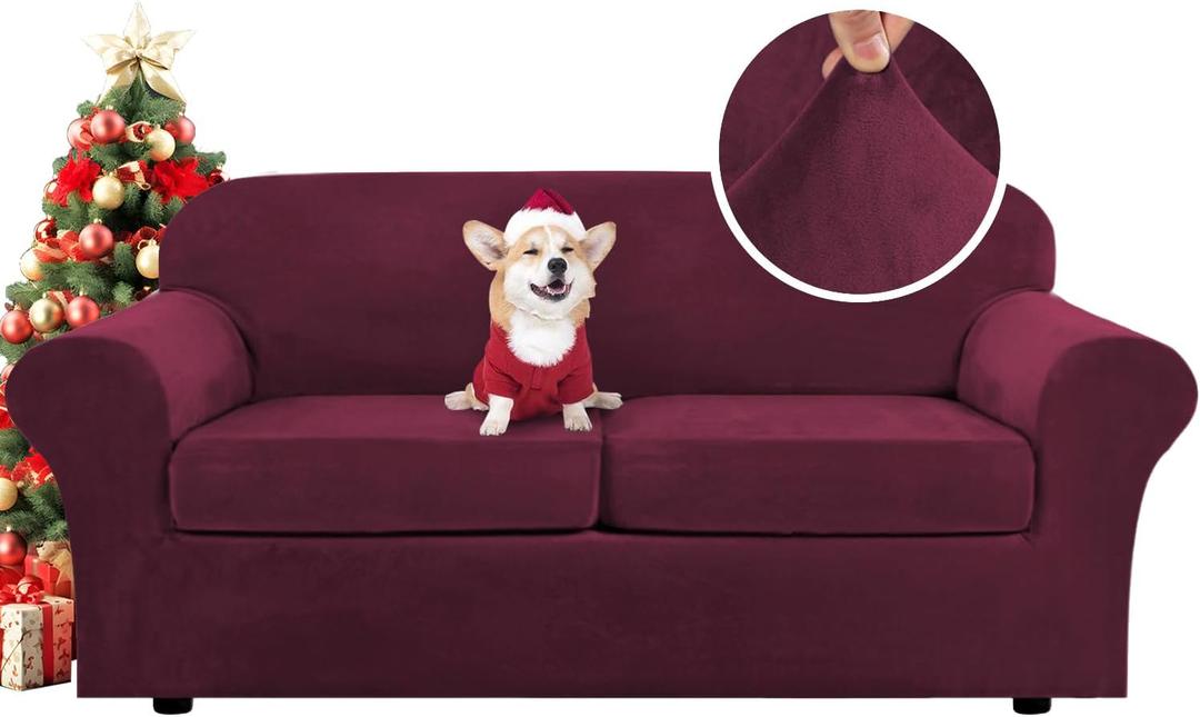 H.VERSAILTEX Real Velvet Plush 3 Piece Stretch Sofa Covers Couch Covers for 2 Cushion Couch Sofa Slipcovers Width Up to 90 Inch Feature Thick Soft Stay in Place (Large Sofa, Burgundy)