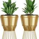 Planter with Stand Gold Metal Plant Pot with Stand - 12 Inch Unique Modern Flower Pots Indoor with Gold Plant Stand with Drainage, 2 Pack
