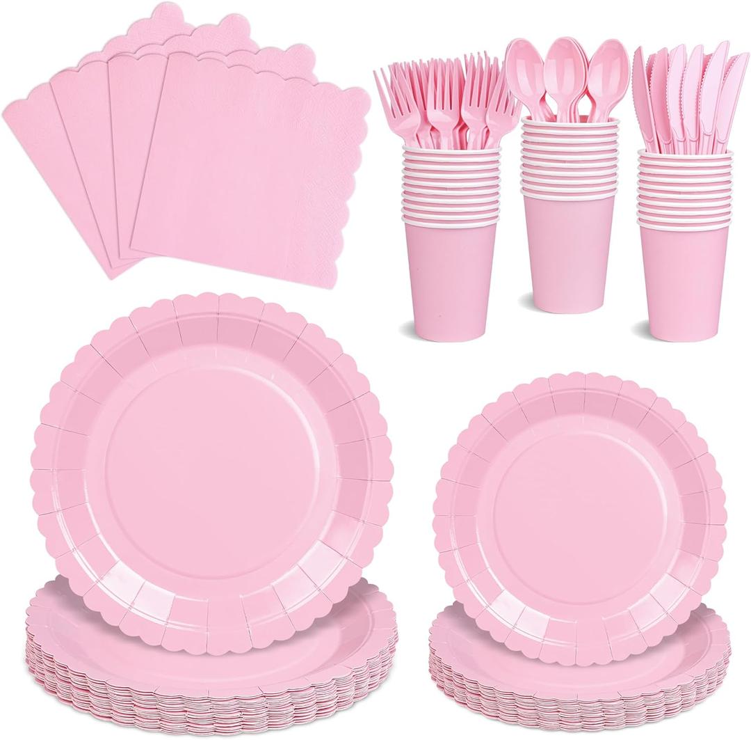 175 PCS Pink Paper Plates and Napkins Set, Pink Party Supplies for 25 Guests Include Scalloped Plate Paper Napkins Cups Knife Fork Spoon for Baby Shower, Birthday, Wedding, Easter Party, Mother's Day
