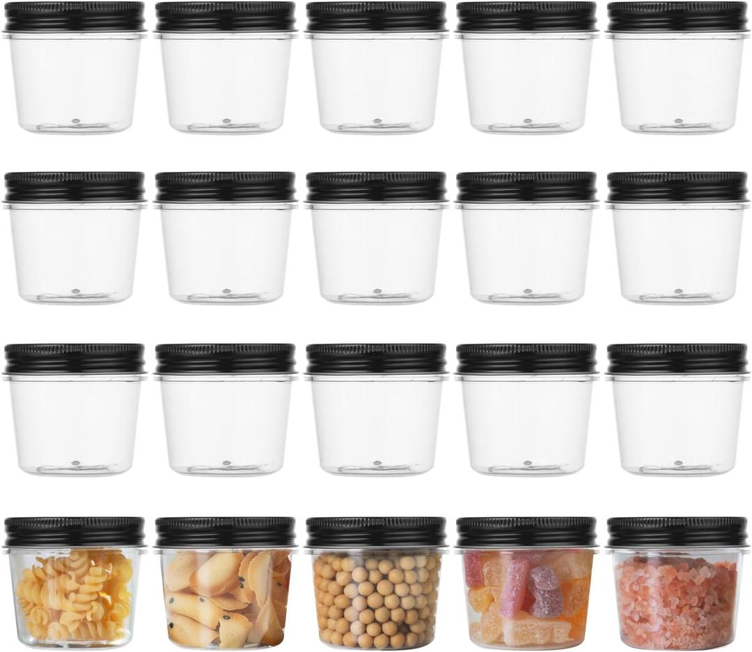 novelinks Black Minimalist Plastic Jars With Lids 20 Pcs 4 oz Mason Jars Small Food Storage for Milkshakes Juice Nuts Cupcakes Candy