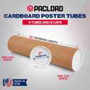 2" x 20" Reinforced Kraft Paper Mailing Tube, Pack of 4 Tubes with 8 Caps – Secure USPS Approved Poster Tube – Made in USA Cardboard Tube for Shipping and Storing Posters, Prints, Artwork