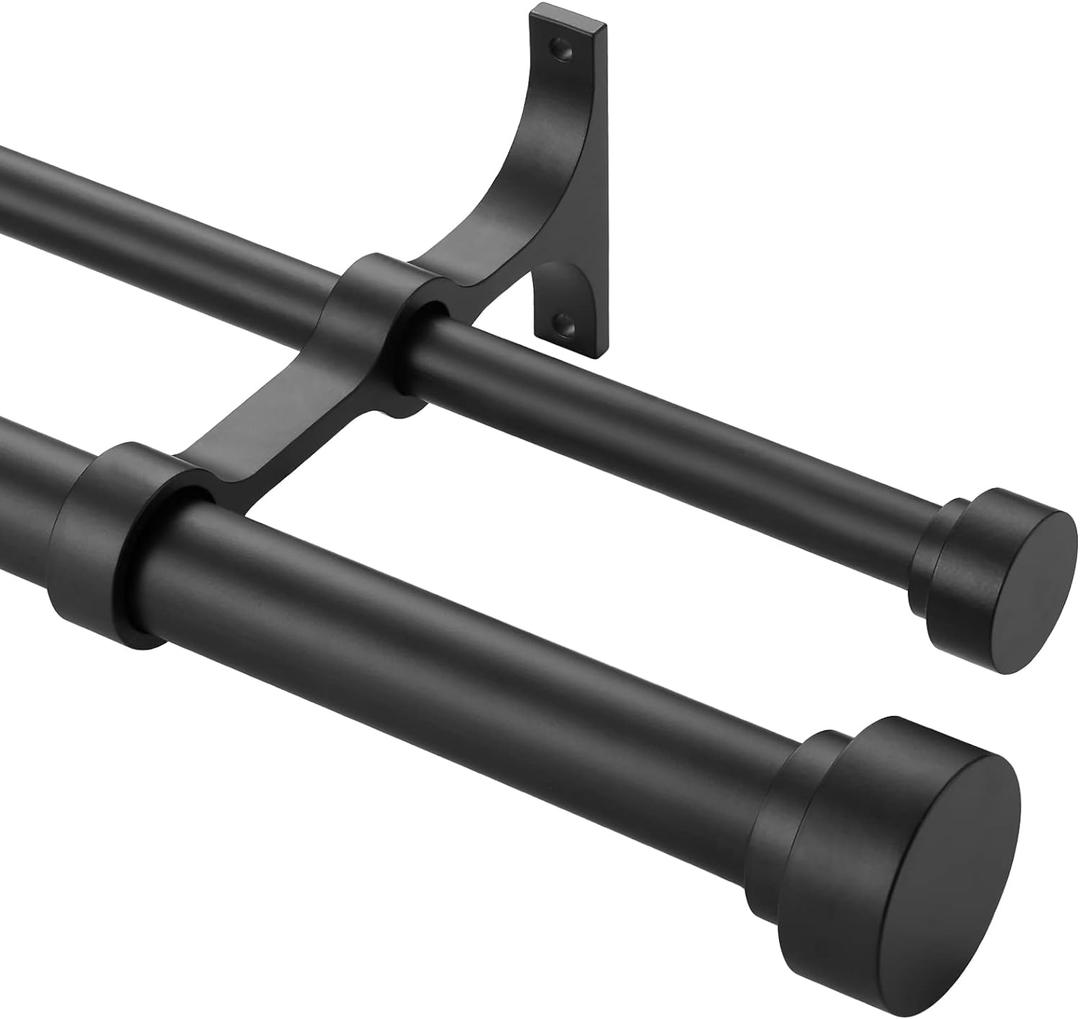 Heavy Duty Double Curtain Rods with Cylindrical Cap Finials - 72 to 144' Telescoping Rods, 1 Inch Diameter Front, 5/8 Inch Diameter Back - Matte Black
