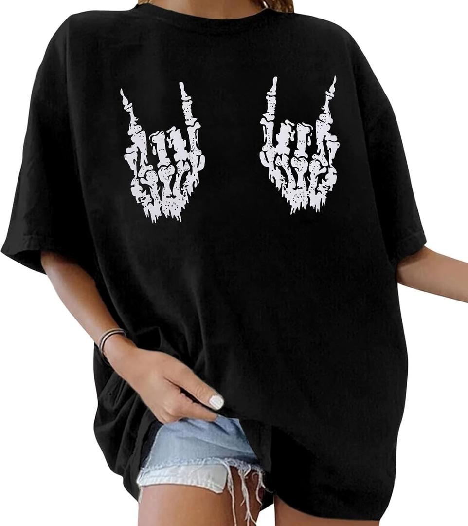 Skeleton Hand Oversized Tee Women Halloween Punk Rock Shirt Music Lover Rock N Roll Shirts Short Sleeve T Shirt (Medium, Black)