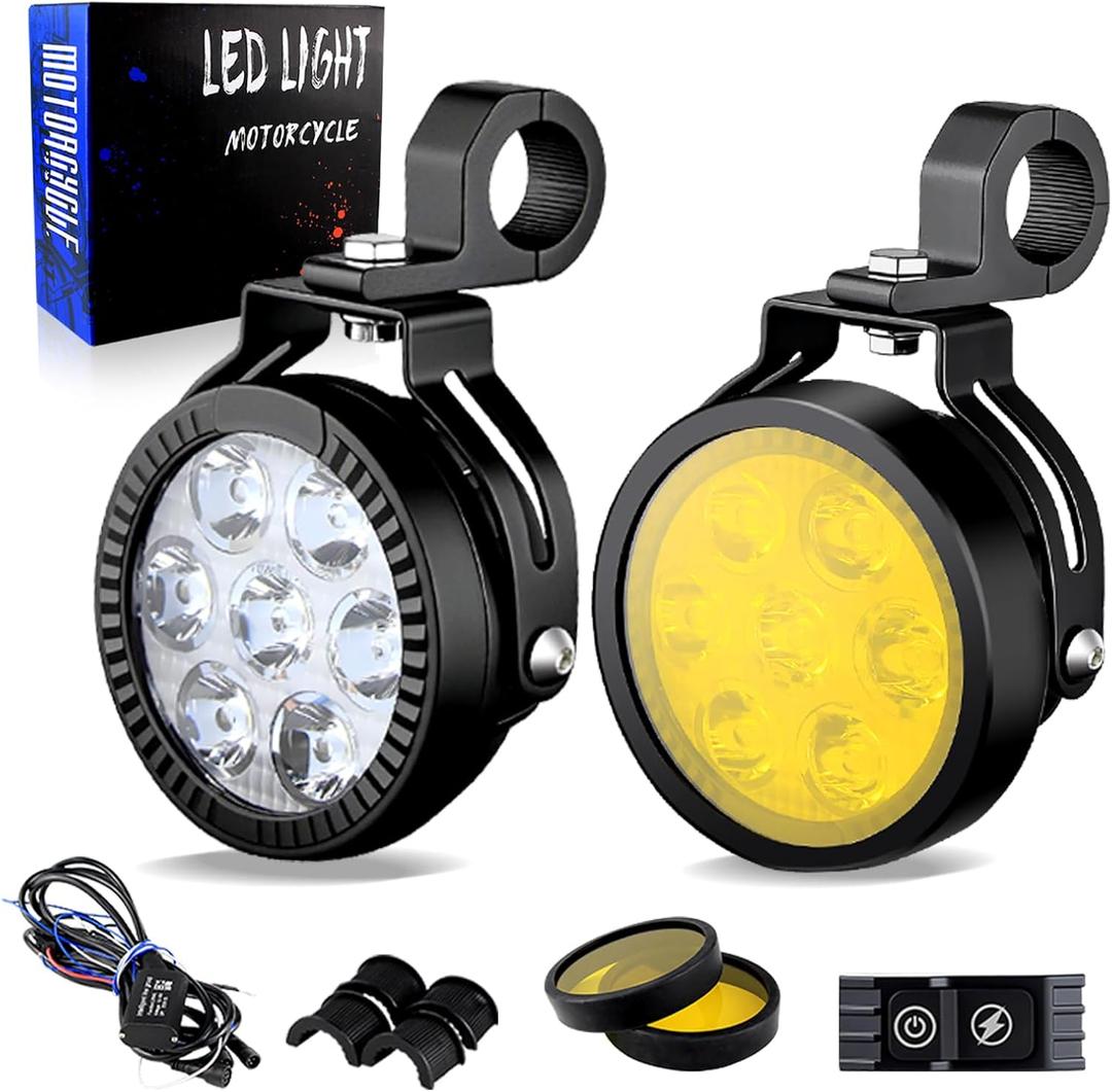 4.5 Inch Motorcycle Auxiliary Lights LED Spotlights Driving Fog Light, White/Amber 5 Modes Dual-Color Strobe 100W Work Lights for Motorcycle with Switchback Brackets, 2PCS