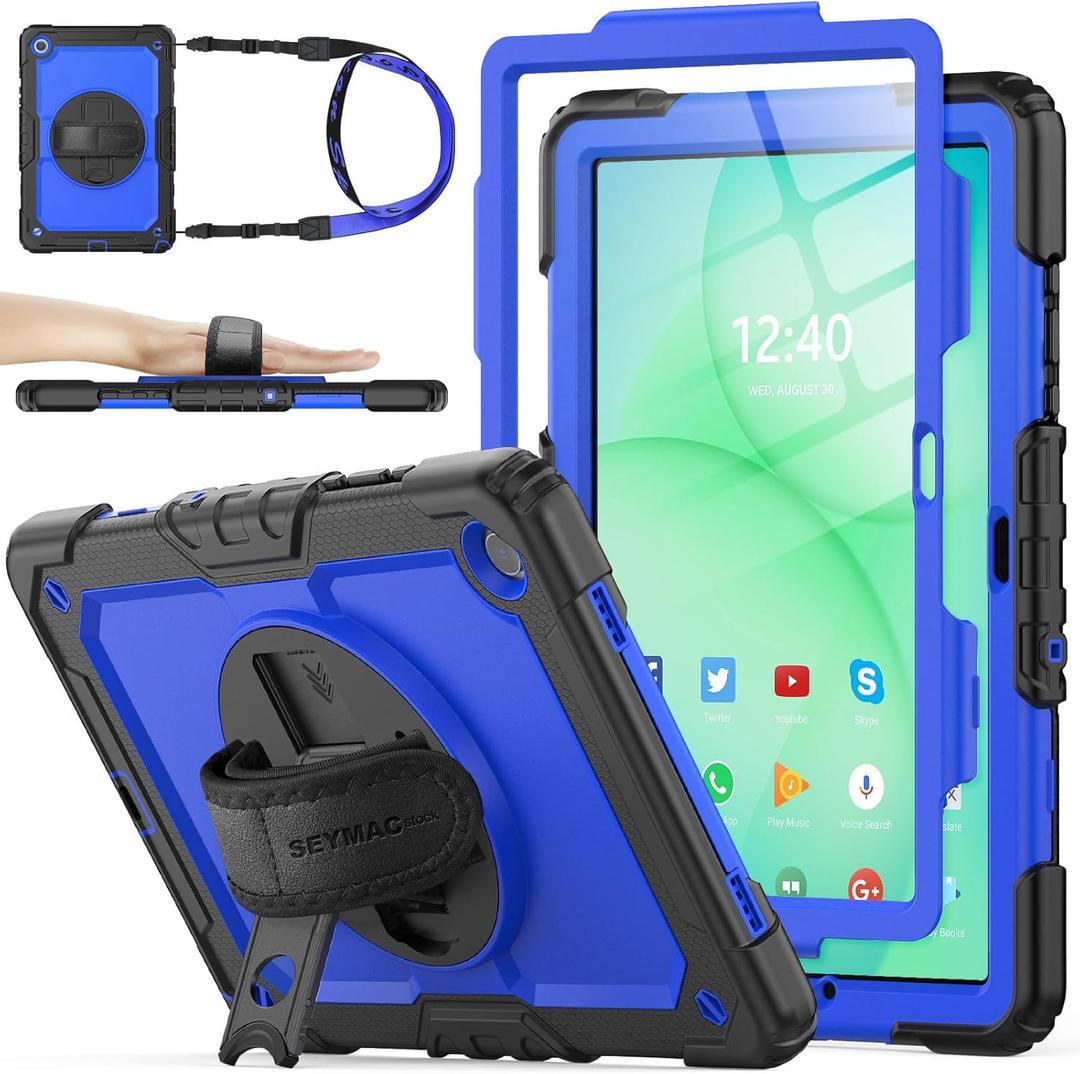 SEYMAC stock Case for Samsung Galaxy Tab A11+ Plus/A9+ Plus 11'', Full-Body Drop Protection Case with Screen Protector Pencil Holder [360 Rotating Hand Strap] &Stand, Blue+Black