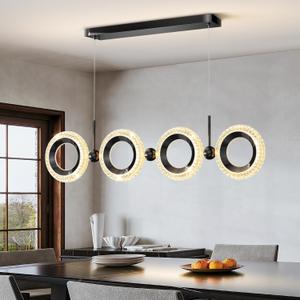 Dimmable Modern LED Chandelier with Remote Control, 3000K-6500K Acrylic Dining Room Light Fixtures Over Table, Gold Linear Pendant Light for Kitchen Island (Black)