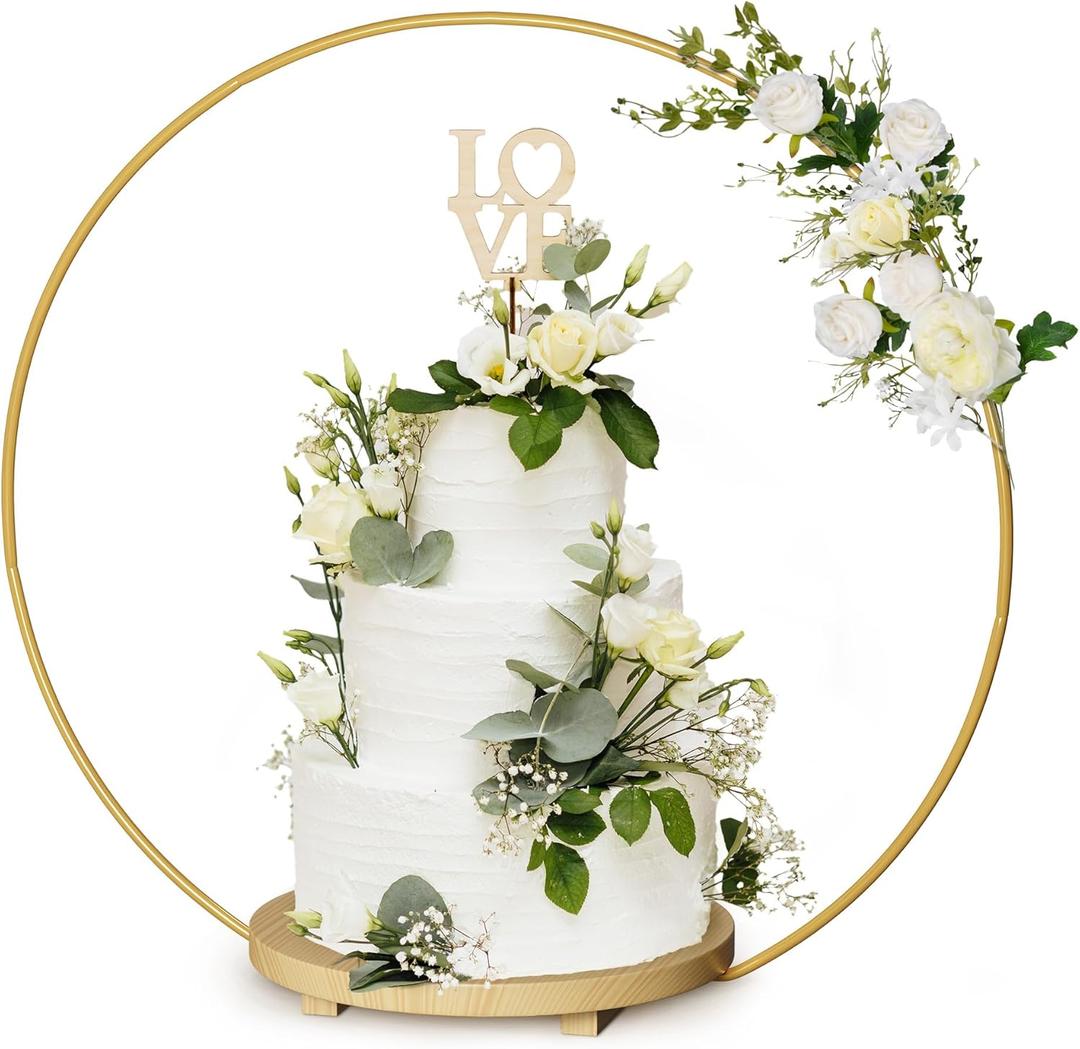 LuvLuxe Wedding Cake Stand 16in Wood Base with Golden Metal Floral Hoop Centerpiece & Screws, Cake Display Stand for 3 Tiered Cakes, Cupcakes & More
