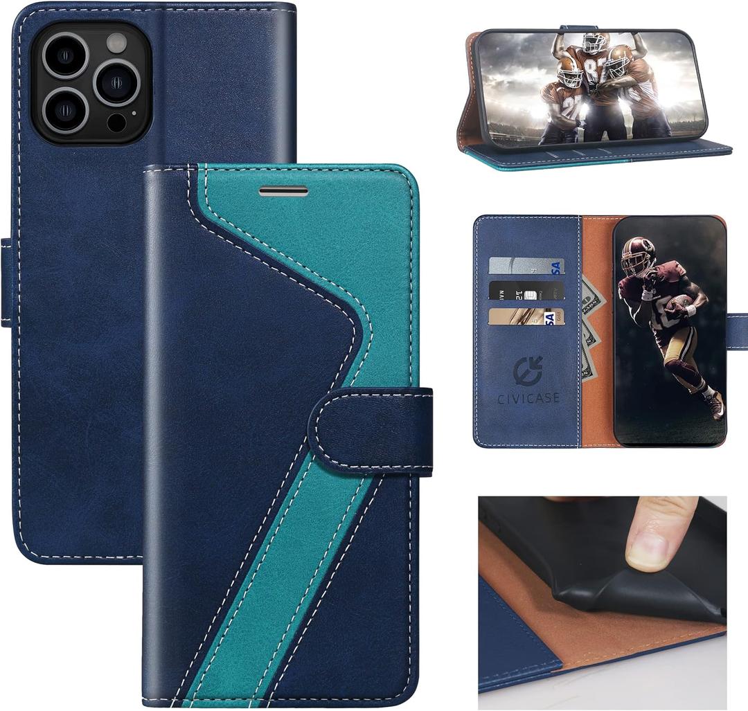 for iPhone 12 Pro Max Wallet Case,Leather Flip Case [RFID Blocking] Credit Card Holder Folio Magnetic Stand TPU Shockproof Cover Color Matching for iPhone 12 Pro Max (6.7") Blue Green