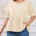 MakeMeChic Women's Plus Size Peplum Tops Short Sleeve Loose Blouse Ruffle Asymmetrical Hem Shirts (Beige, XXL)