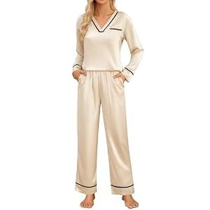Blooming Jelly Womens Pajamas Set 2 Piece Lounge Set Satin Cute Pj Silk Christmas Pajamas Fall Sleepwear (L, Beige)