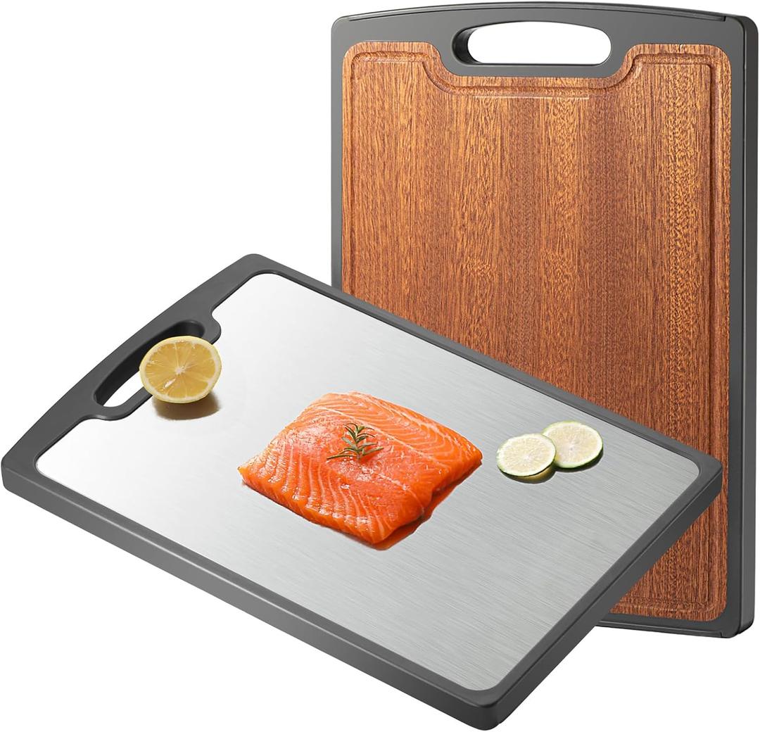 Titanium Cutting Board Double Sided, 15 Wood Cutting Board for kitchen, GR1 Titanium & Ebony Large Chopping Board for meat with Juice Groove for Meat & Veggies