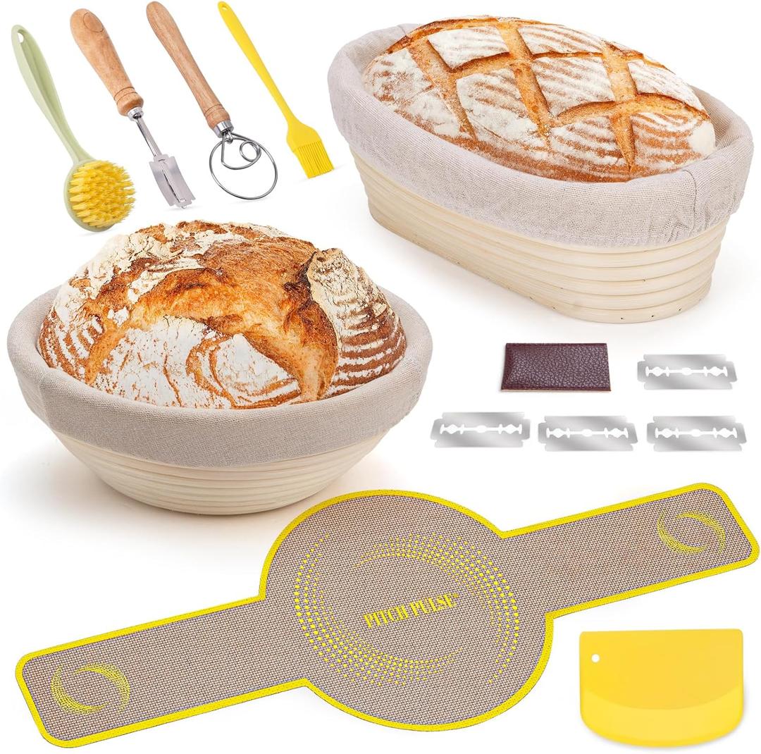 Bread Proofing Basket Set, PITCH PULSE 9 Inch Round and 10 Inch Oval Banneton Bowl with Sourdough Bread Making Tools Kit