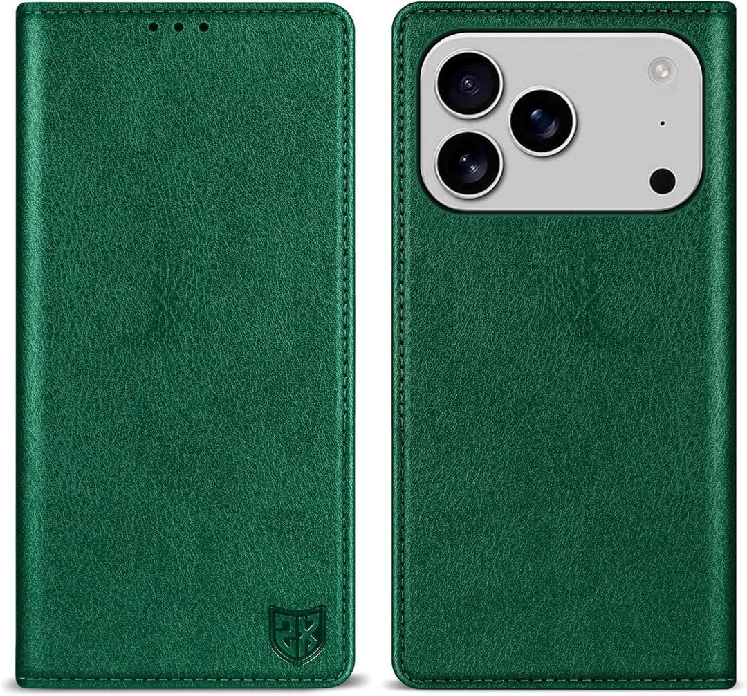 ZZXX for iPhone 17 Pro Wallet Case with [RFID Blocking] Card Slot Stand Strong Magnetic Leather Flip Fold Protective Phone Case for iPhone 17 Pro Case Wallet(Green-6.3 inch)