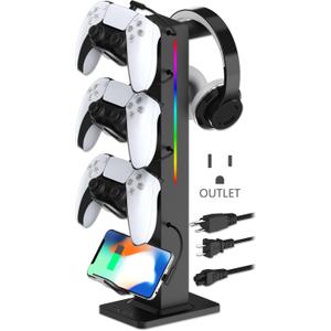 KAFRI RGB Gaming Headphone Stand with 8 Light Modes, Controller Holder for Desk - with Retractable Charger Cable - 2 Outlet Power & 4 Type-C Charging Port for PC Gamer Accessories(Grey)