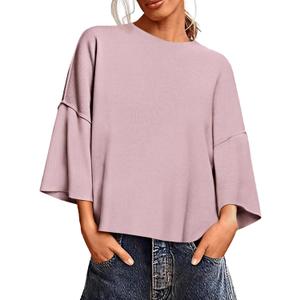 Saodimallsu Womens 3/4 Sleeve Sweaters Lightweight Crewneck Loose Pullover Casual Oversized Fall Knit Tops (XL)