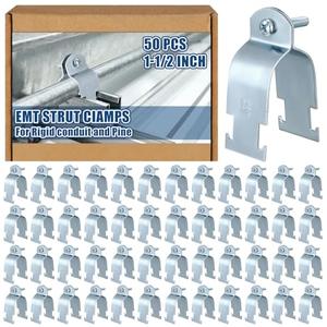 Landhoow 50 Pcs Emt Pipe Universal Strut Clamps Strut Channel Accessory Electro Galvanized Conduit Clamp with Bolt and Nut, Rigid Pipe Tool (1-1/2 Inch)