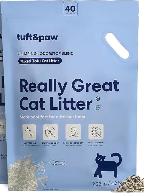 Tuft & Paw Really Great Cat Litter OdorStop, Low Tracking Mixed Tofu Cat Litter, Clumping, Multi-cat, Odor Control, Dust-Free - 9.25lbs