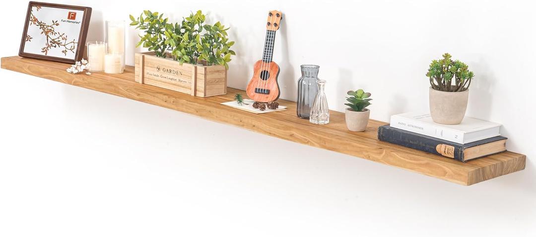 Fun Memories Floating Shelves for Wall, 72"x9.3" Rustic Solid Elm Wood Shelves, Heavy-Duty Wall Mounted Shelves with Invisible Brackets for Living Room, Bedroom, Kitchen, Natural Finish (Flat Edge, 72"W, 1Pack)
