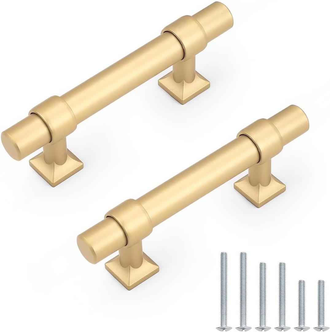 10Pack Hole Centers 2.5inch(64mm) Gold Champagne Cabinet Handles T Shaped Kitchen Cabinet Pulls Hardware Pull Handle for Cabinets Dressers 4inch Total Length