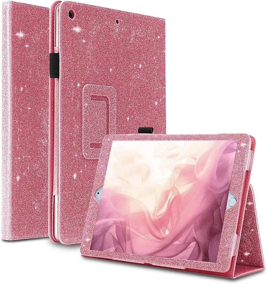 Glitter Case for iPad 10.2 inch(9th/8th/7th Generation,2021/2020/2019),Slim Sparkly Bling Bifold Stand with Pencil Holder,Smart Flip Tablet Case Cover with Auto Sleep/Wake,Pink