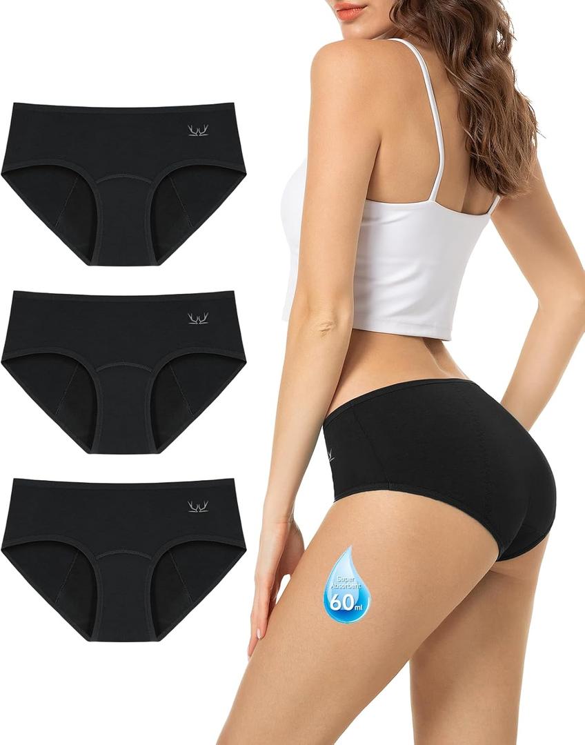 TANSTC Period Underwear for Women Heavy Flow Leakproof Menstrual Panties Postpartum Hipster Briefs 3 Pack (Medium, Black)