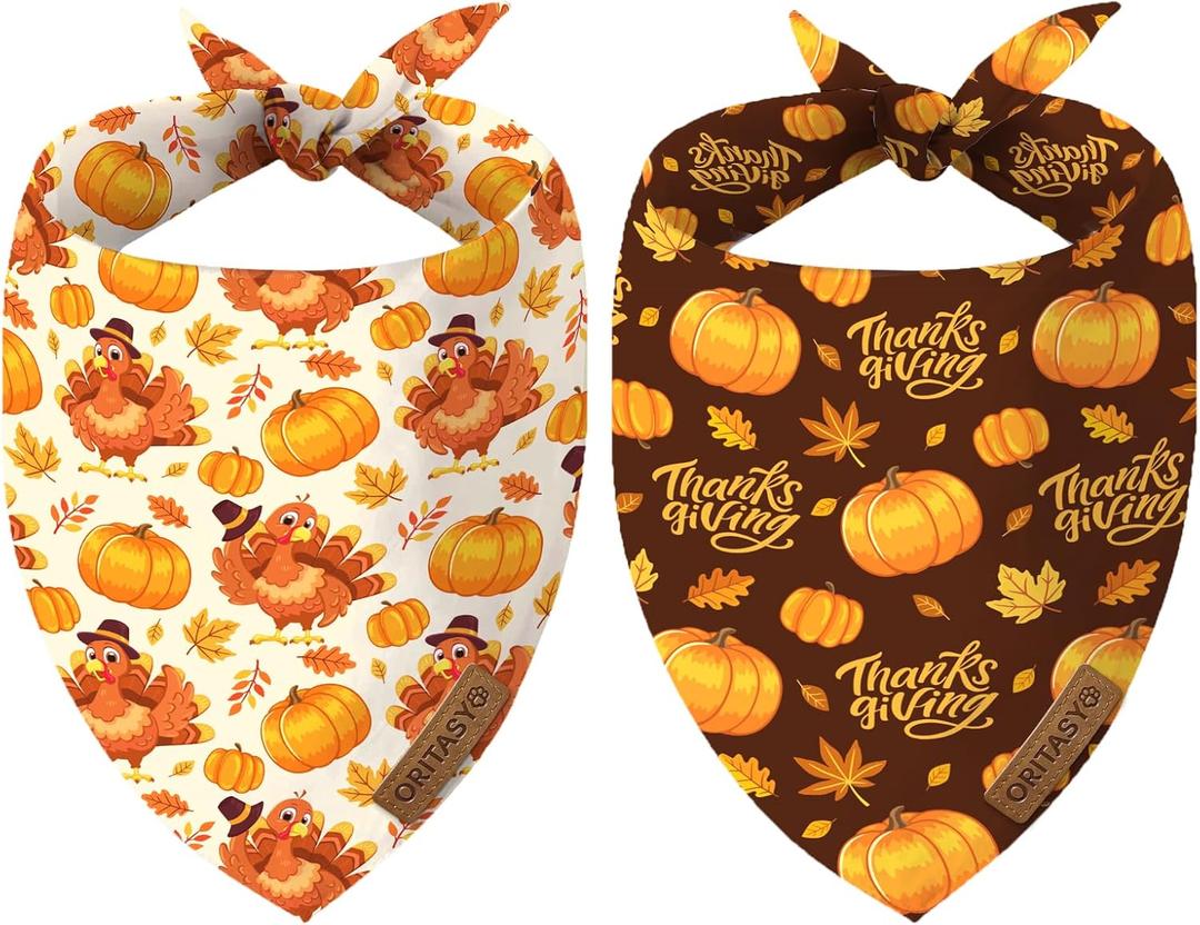 2 x Thanksgiving Dog Bandanas for All Dogs (Turkey Pumpkin Fall Maple Leaves) (2-Pack Triangle Reversible Pet Scarves) Premium Fabric Holidays Bandana, Large V