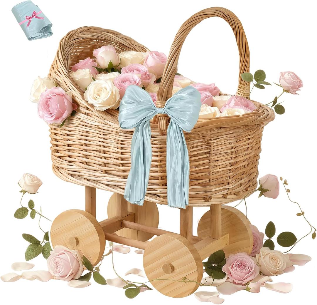 Woven rattan baby stroller baskets, vintage rattan flower cart, wedding and gift decorations, pushcart-style decorative flower stands, Size: Mini, 7.28"D x 9.84"W x 12.6"H