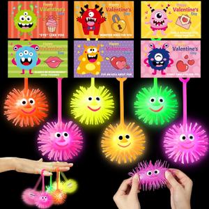 24pack Valentines Day Cards Gifts for Kids Classroom LED Puffer Balls Bouncy Light Up Ball for Valentines Party Favor Toddlers Kids 4-12 Student Class Treats Valentine Goodie Bag Stuffers Treat Bulk