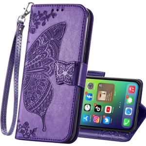 HAOTP for iPhone 14 Pro Wallet Case,PU Leather Flip Protective Phone Case Wrist Strap Credit Card Holder Pocket Emboss Butterfly Flower Kickstand Case for iPhone 14 Pro Purple
