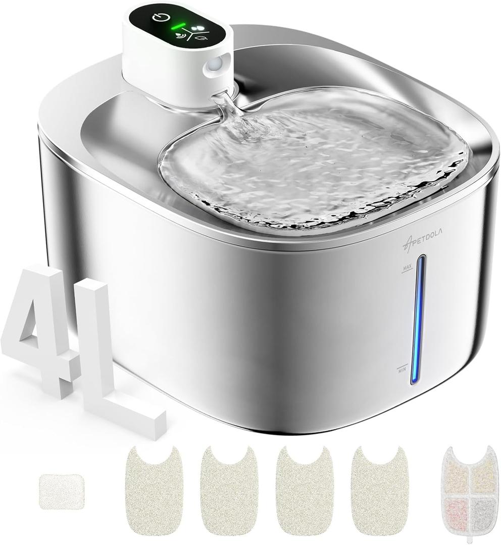 Wireless Cat Water Fountain Stainless Steel, 135floz/4L Battery Operated Automatic Pet Fountain, Cordless Cat Water Dispenser Pet Drinking Water Fountain for Multi cat Cats Dog Outdoor