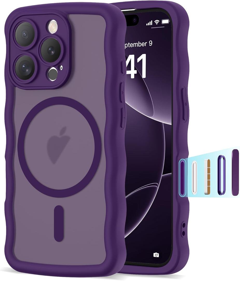 Compatible with iPhone 16 Pro Case 6.1" 2024, Cute Kawaii Curly Wave Frame Shape Shockproof Translucent Matte Protective Magnetic 16 Pro Phone Case for Women Girls, Purple