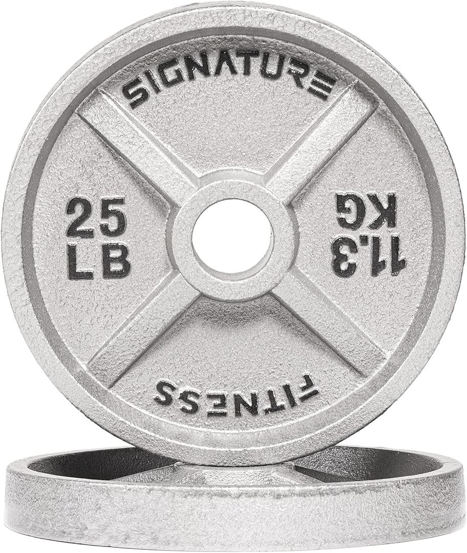 Signature Fitness Deep Dish 2-Inch Olympic Cast Iron Weight Plates with E-Coating (Gray), 25 LB
