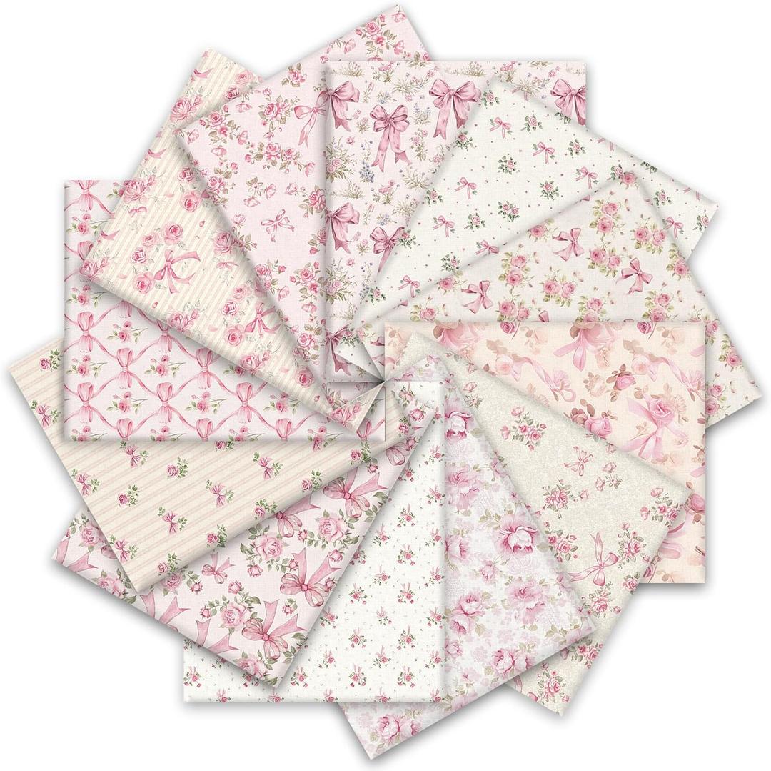 12Pcs Pink Bow Flower Cotton Fabric Bundles Vintage Rose Bowknot Fat Quarters Watercolor Sewing Fabrics for DIY Craft Party Decor, 18 x 22 Inch