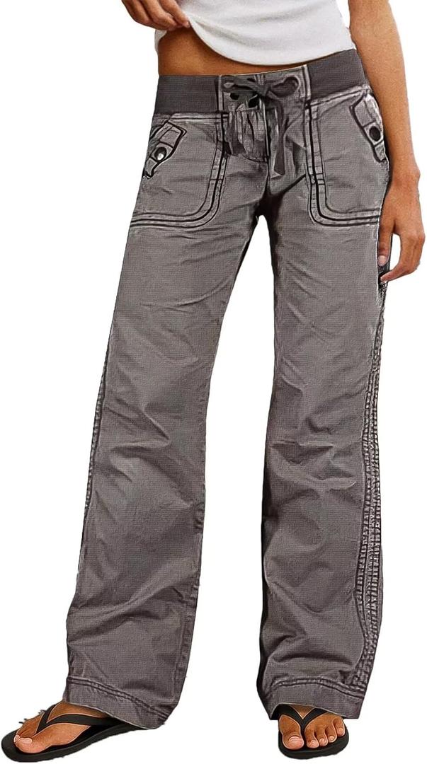 Flamingals Straight Leg Pants for Women Drawstring Waist Mid Rise Casual Solid Seam Detail Pants Gray L