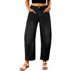 EVALESS Womens Baggy Barrel Jeans High Waisted Wide Leg Boyfriend Denim Ankle Pants (6, Black)