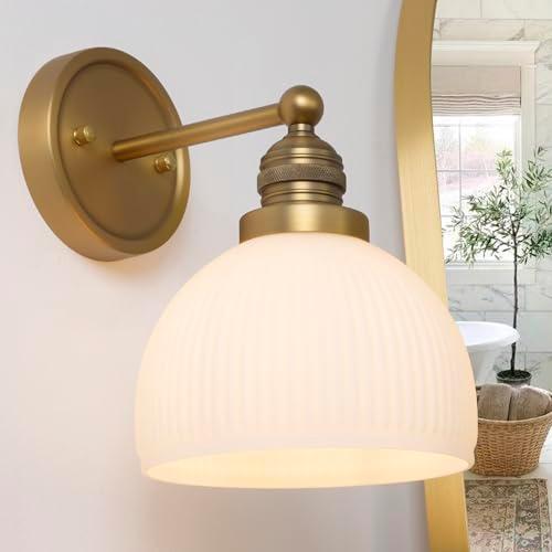 Teqinchy Gold Wall Sconces Vintage Bathroom Vanity Light Fixtures Modern Frosted Milk Glass Sconces Brass Sconce Wall Lighting for Living Room Bedroom Bathroom Mirror Hallway Stairway E26 Hardwire