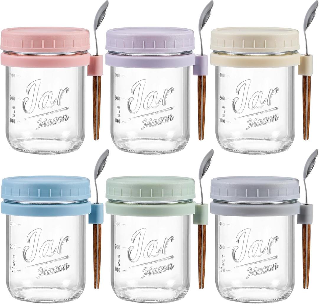 6 Pack Overnight Oats Containers with Lids and Spoons, 16 oz Glass Mason Overnight Oats Jars, Large Capacity Airtight Jars for Milk, Cereal, Fruit
