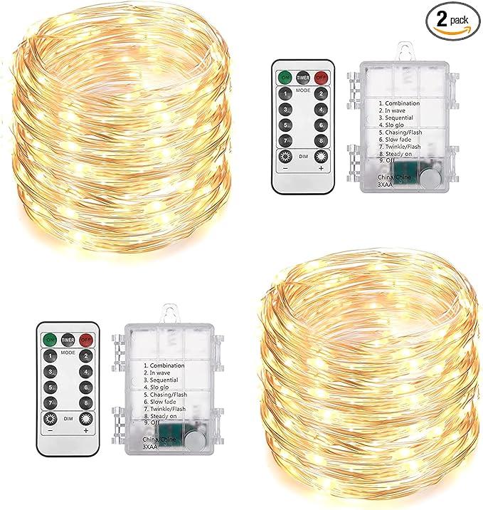 2 Pack Total 200 LED Fairy Lights Battery Operated String Lights with Remote & 8 Modes, 33FT Waterproof Copper Wire Battery Powered Twinkle Lights for Outdoor Christmas Parties Decoration Warm White