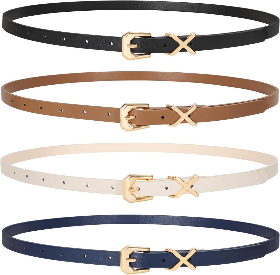 2 x JASGOOD Women Skinny Leather Belt for Pants Jeans Ladies Thin Waist Belt for Dress (Suit for waist size 37"-41", B-black+brown+beige+navy Blue)